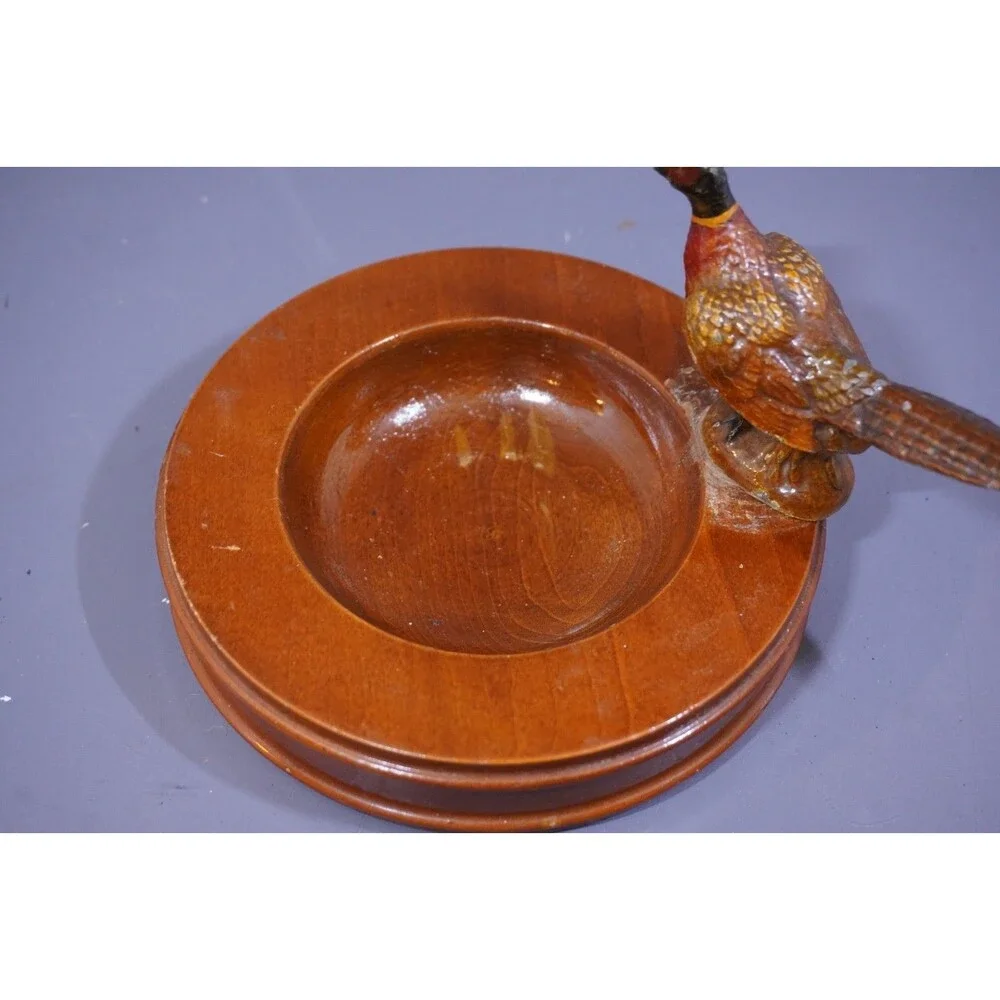 Vintage Mid-Century Ring-Necked Pheasant Wood & Glass Ashtray - Tobacciana